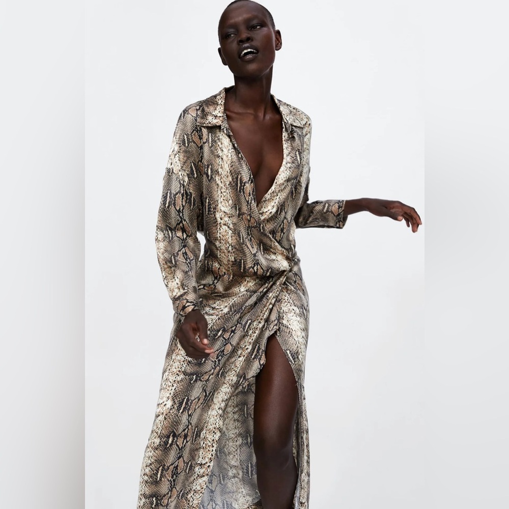 Zara Satin Effect Snake Print Midi Wrap Dress, Tan, Size S